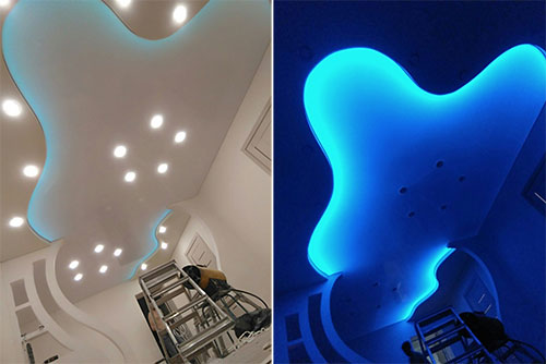 натяжной потолок с двумя вариантами светового освещения в Геленджике
